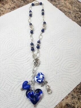 Sterling Handcrafted Blown Glass Blue Heart Pendant Necklace